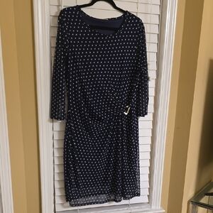 Ruched Blue and White Sheath Dress with Crew Neck